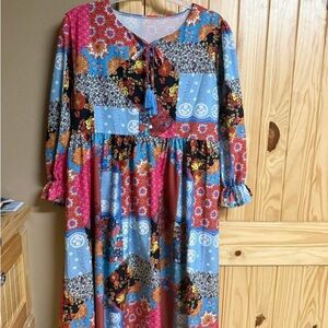 Boho Patchwork Midi Dress in Blue, Pink & Red